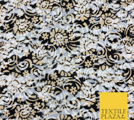Ornate Flower Black & Gold Net Lace Fabric Trendy Dress Fashion 45" GE825