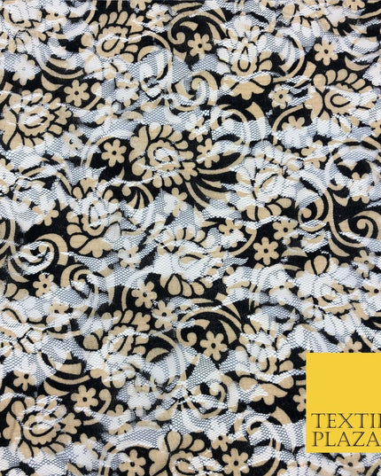 Ornate Flower Black & Gold Net Lace Fabric Trendy Dress Fashion 45" GE825