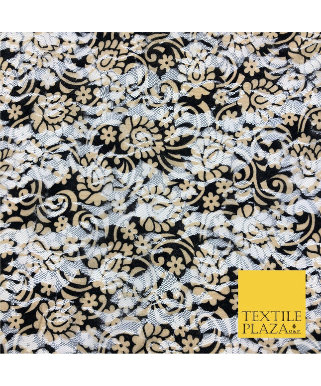 Ornate Flower Black & Gold Net Lace Fabric Trendy Dress Fashion 45" GE825