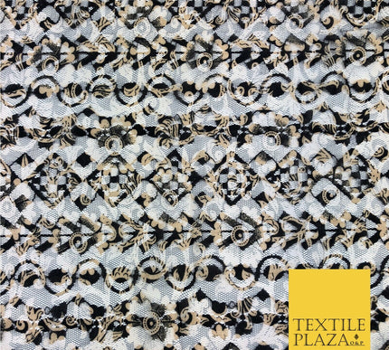 Aztec Geometric Mix Black & Gold Net Lace Fabric Trendy Dress Fashion 45" GE826