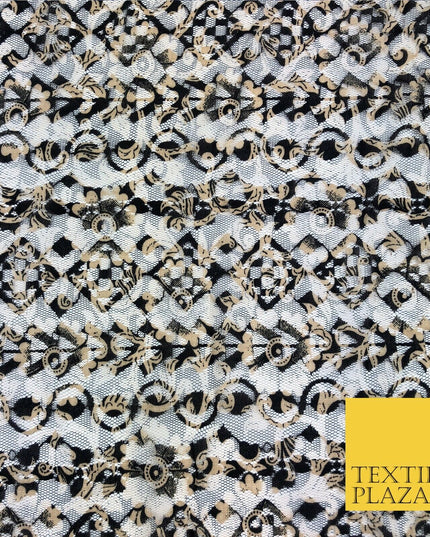 Aztec Geometric Mix Black & Gold Net Lace Fabric Trendy Dress Fashion 45" GE826