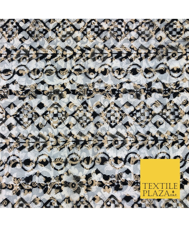 Aztec Geometric Mix Black & Gold Net Lace Fabric Trendy Dress Fashion 45" GE826