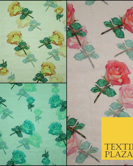 Falling Single Roses Embroidered 100% Cotton Lawn Print Fashion Fabric Craft