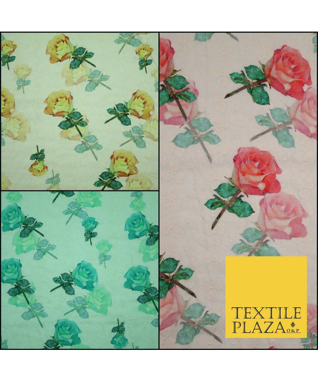 Falling Single Roses Embroidered 100% Cotton Lawn Print Fashion Fabric Craft