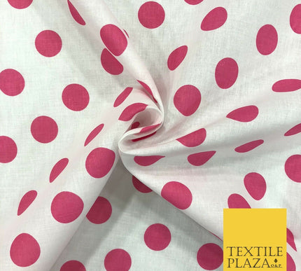 White with Cerise Pink Polka Dot Spotted 100% Cotton Fabric Dress Craft RC362