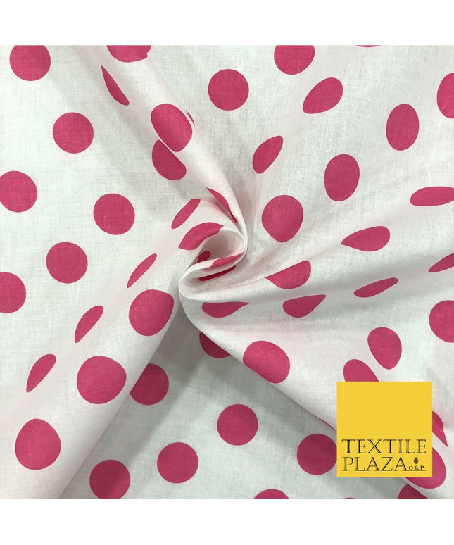 White with Cerise Pink Polka Dot Spotted 100% Cotton Fabric Dress Craft RC362