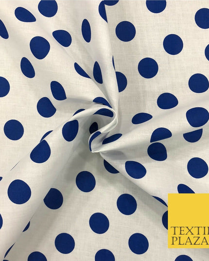 White with Royal Blue Polka Dot Spotted 100% Cotton Fabric Dress Craft RC361