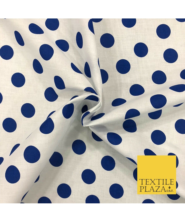 White with Royal Blue Polka Dot Spotted 100% Cotton Fabric Dress Craft RC361