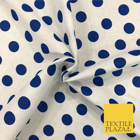 White with Royal Blue Polka Dot Spotted 100% Cotton Fabric Dress Craft RC361