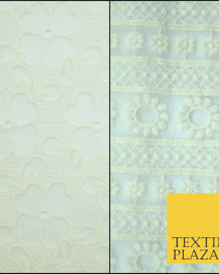 Ivory Cream Ecru Floral Striped Fair Isle Embroidered Net Dress Fabric Mesh