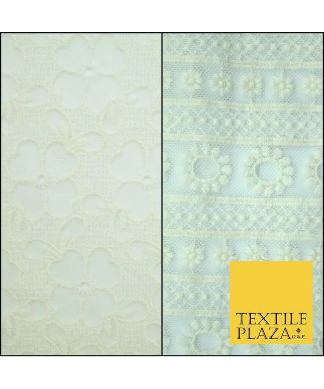 Ivory Cream Ecru Floral Striped Fair Isle Embroidered Net Dress Fabric Mesh