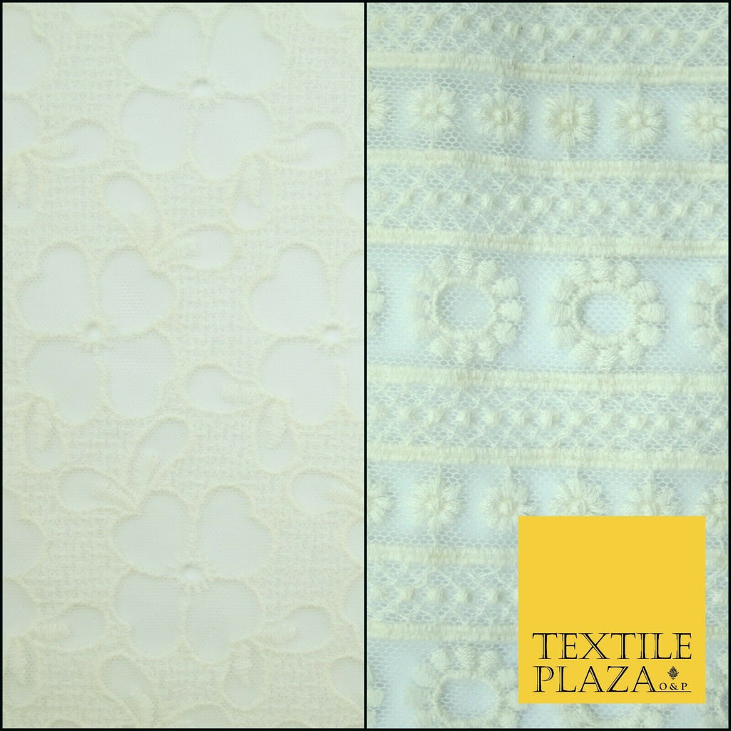 Ivory Cream Ecru Floral Striped Fair Isle Embroidered Net Dress Fabric Mesh