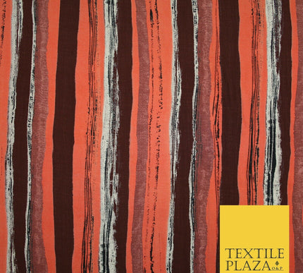 Vintage Striped Brown Terracotta Italian Printed Cupro Fabric Made In Italy 2612