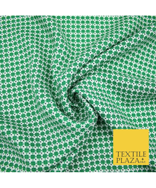 White Green Irish Four Leaf Clover St Patrick's Day Rayon Printed Viscose Fabric