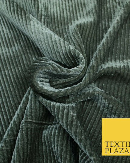 Premium Soft Grey Ribbed Striped Raised Velvet Velour Dress Fabric 1851
