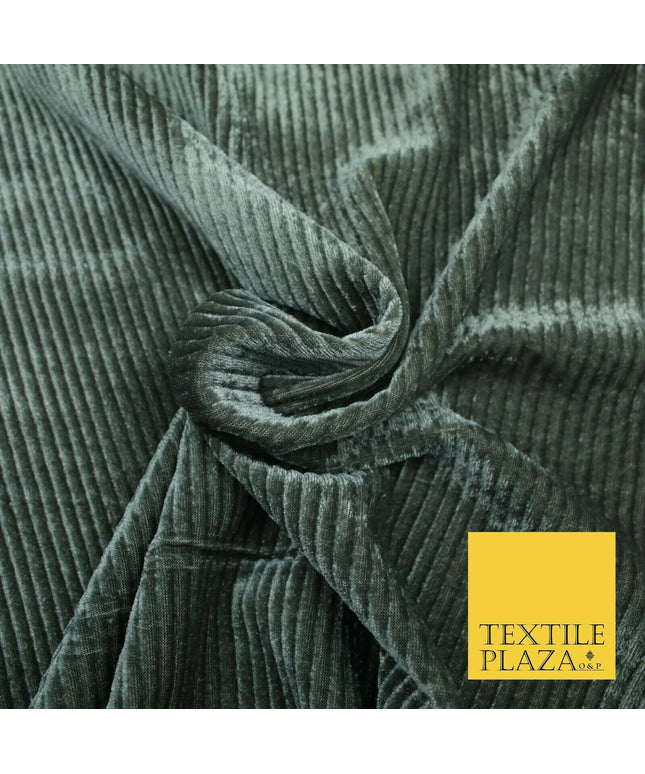 Premium Soft Grey Ribbed Striped Raised Velvet Velour Dress Fabric 1851