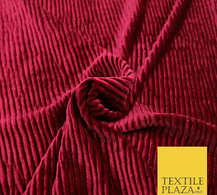 Premium Deep Maroon Ribbed Striped Raised Velvet Velour Dress Fabric 1850