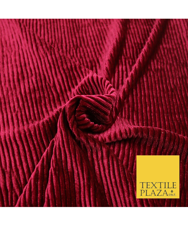 Premium Deep Maroon Ribbed Striped Raised Velvet Velour Dress Fabric 1850