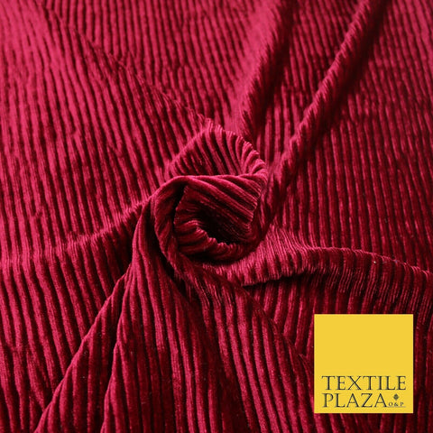 Premium Deep Maroon Ribbed Striped Raised Velvet Velour Dress Fabric 1850
