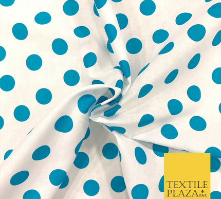 White with Turquoise Polka Dot Spot Spotted 100% Cotton Fabric Dress Craft RC360