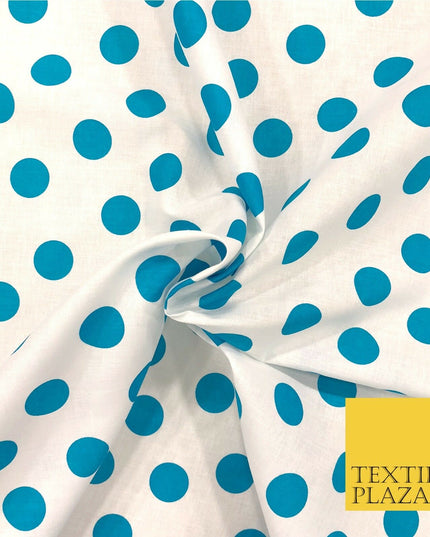 White with Turquoise Polka Dot Spot Spotted 100% Cotton Fabric Dress Craft RC360
