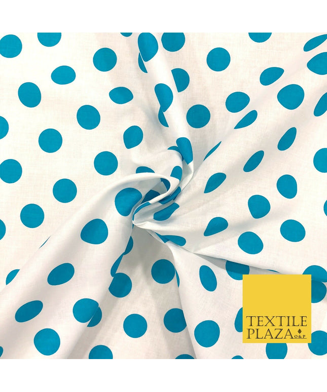 White with Turquoise Polka Dot Spot Spotted 100% Cotton Fabric Dress Craft RC360