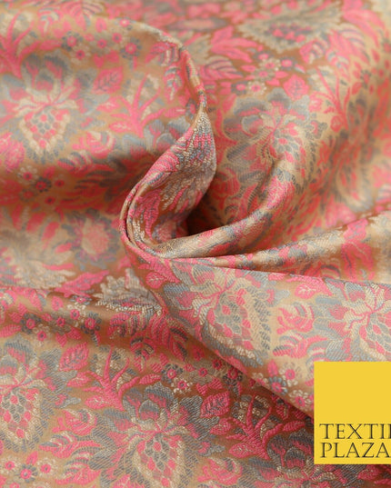 GOLD PINK Luxury PURE Benarsi Brocade Woven Dress Fabric Metallic Fancy 1740