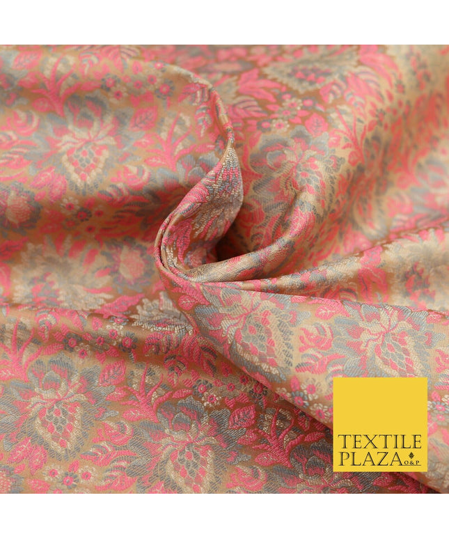 GOLD PINK Luxury PURE Benarsi Brocade Woven Dress Fabric Metallic Fancy 1740