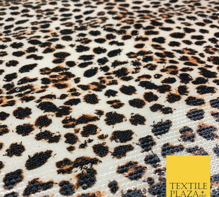 Beige Leopard Print Scuba Lycra Clear Sequin Dress Fabric Stretch Dancewear 1822