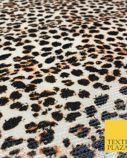 Beige Leopard Print Scuba Lycra Clear Sequin Dress Fabric Stretch Dancewear 1822