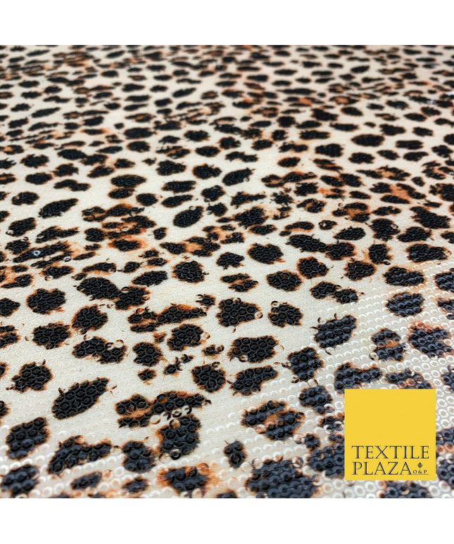 Beige Leopard Print Scuba Lycra Clear Sequin Dress Fabric Stretch Dancewear 1822