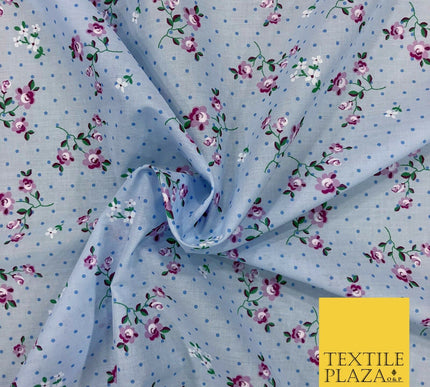 SKY BLUE Garden Rose Print Fabric 100% Cotton Flower Polka Dot Dress Craft RB355