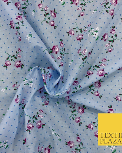 SKY BLUE Garden Rose Print Fabric 100% Cotton Flower Polka Dot Dress Craft RB355