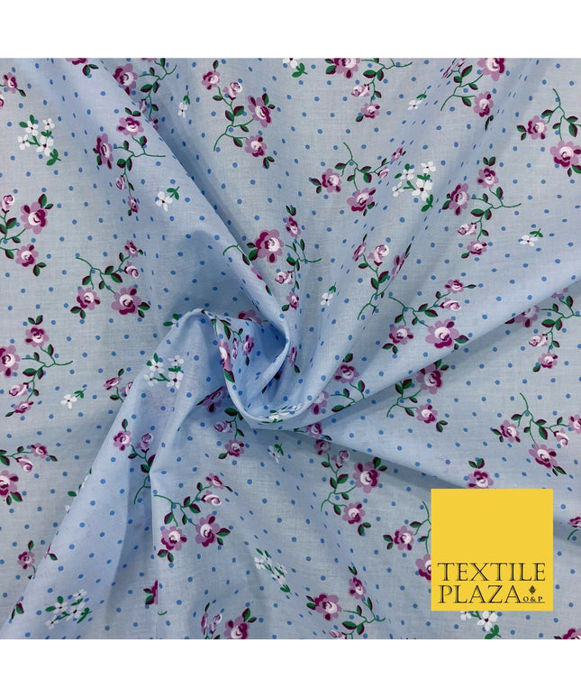 SKY BLUE Garden Rose Print Fabric 100% Cotton Flower Polka Dot Dress Craft RB355