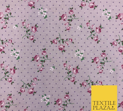 LILAC Garden Rose Print Fabric 100% Cotton Flower Polka Dot Dress Craft RB356