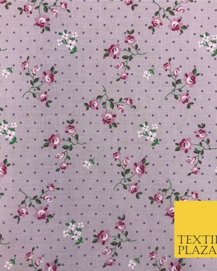 LILAC Garden Rose Print Fabric 100% Cotton Flower Polka Dot Dress Craft RB356