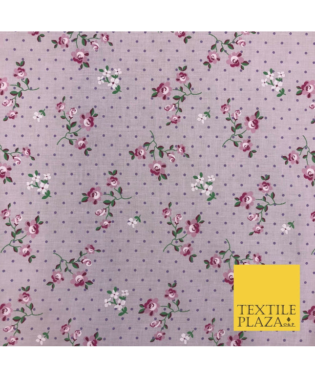 LILAC Garden Rose Print Fabric 100% Cotton Flower Polka Dot Dress Craft RB356