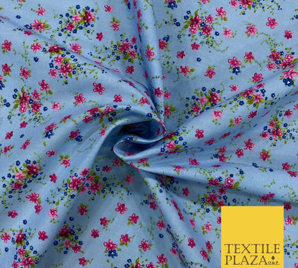 Blue and Pink Floral Garden Print Fabric 100% Cotton Flower Dress Craft RB353