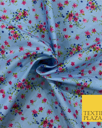 Blue and Pink Floral Garden Print Fabric 100% Cotton Flower Dress Craft RB353