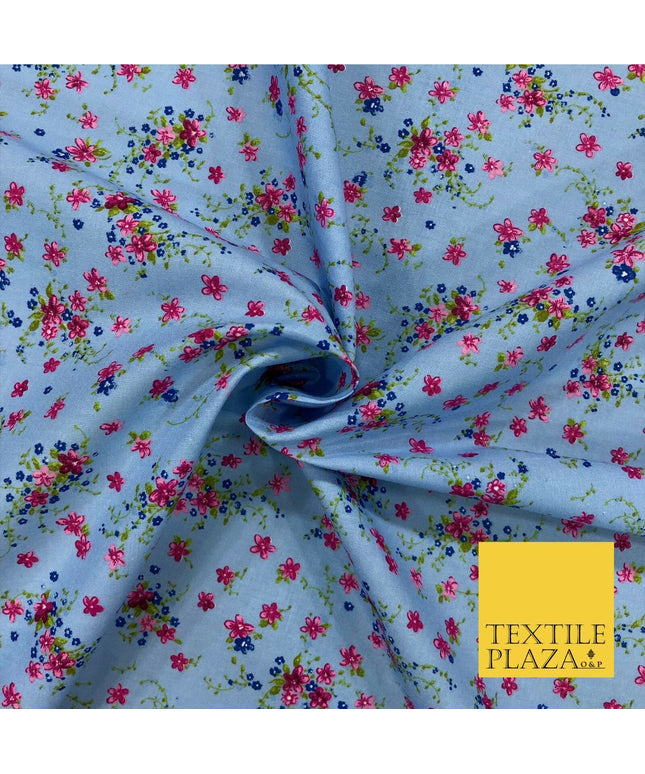 Blue and Pink Floral Garden Print Fabric 100% Cotton Flower Dress Craft RB353