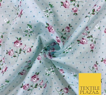 AQUA Garden Rose Print Fabric 100% Cotton Flower Polka Dot Dress Craft RB354