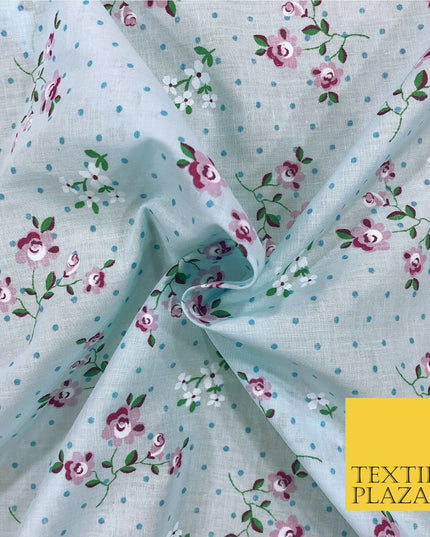 AQUA Garden Rose Print Fabric 100% Cotton Flower Polka Dot Dress Craft RB354
