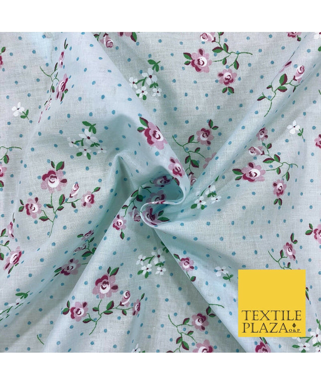 AQUA Garden Rose Print Fabric 100% Cotton Flower Polka Dot Dress Craft RB354