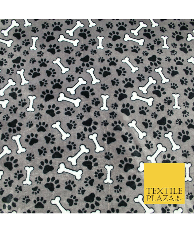 Grey Dog Bone Paws SUPER SOFT Printed Cuddle Fleece Bed Blankets Craft 1776