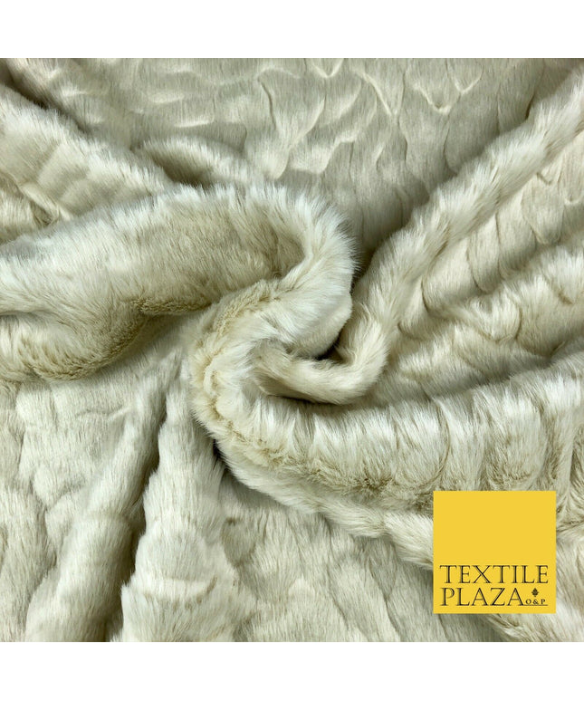 Luxury Ecru Ivory Soft Textured Waves Short Pile Faux Fur Fabric Material58"1412