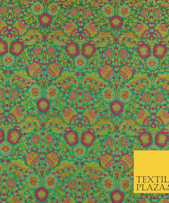 Green Luxury Intricate Floral PURE Benarsi Brocade Woven Dress Fabric Fancy 1750