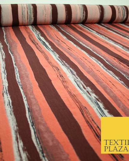 Vintage Striped Brown Terracotta Italian Printed Cupro Fabric Made In Italy 2612