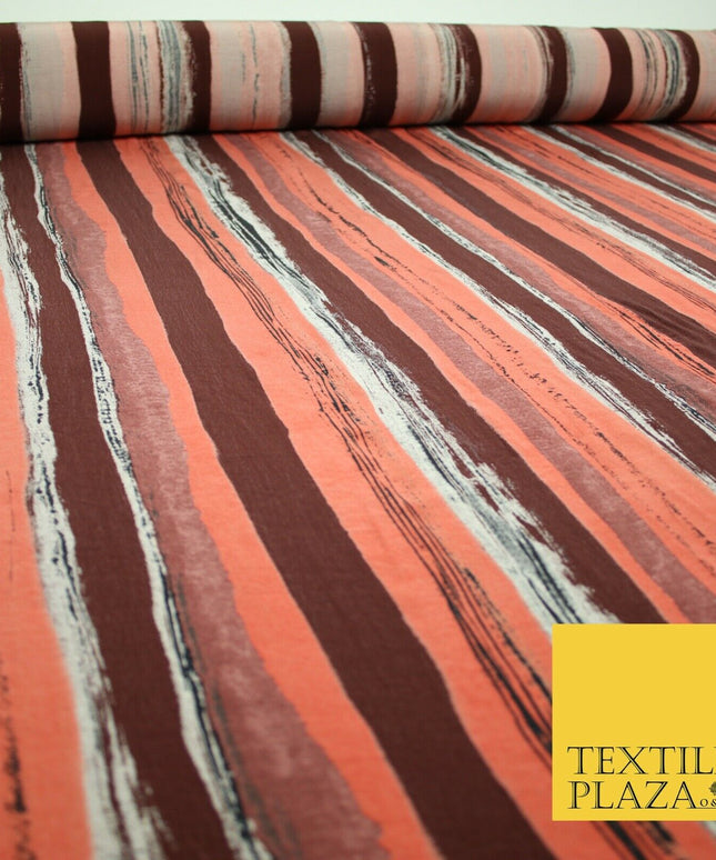 Vintage Striped Brown Terracotta Italian Printed Cupro Fabric Made In Italy 2612