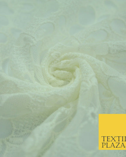 Ivory Cream Ecru Floral Striped Fair Isle Embroidered Net Dress Fabric Mesh