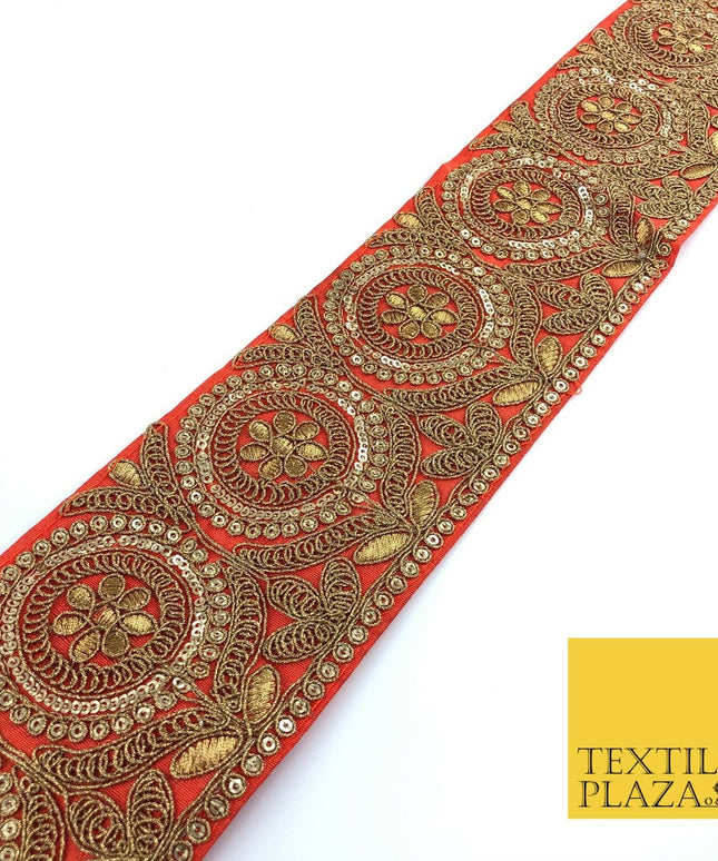 Orange Ornate Fancy Flower Zari Sequin Trimming Border Indian Ethnic (X62)